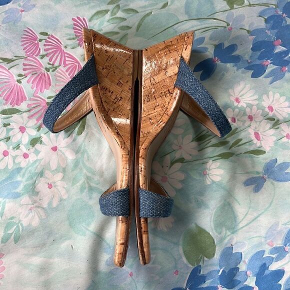 Stuart Weitzman Denim Strap Square Toe Sandals Wedge - Picture 4 of 16